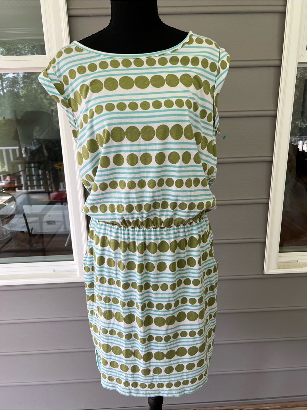 Boden Blackberry Day Dress Striped Polka Dot Shift Pockets Green Blue 10R - Picture 3 of 15